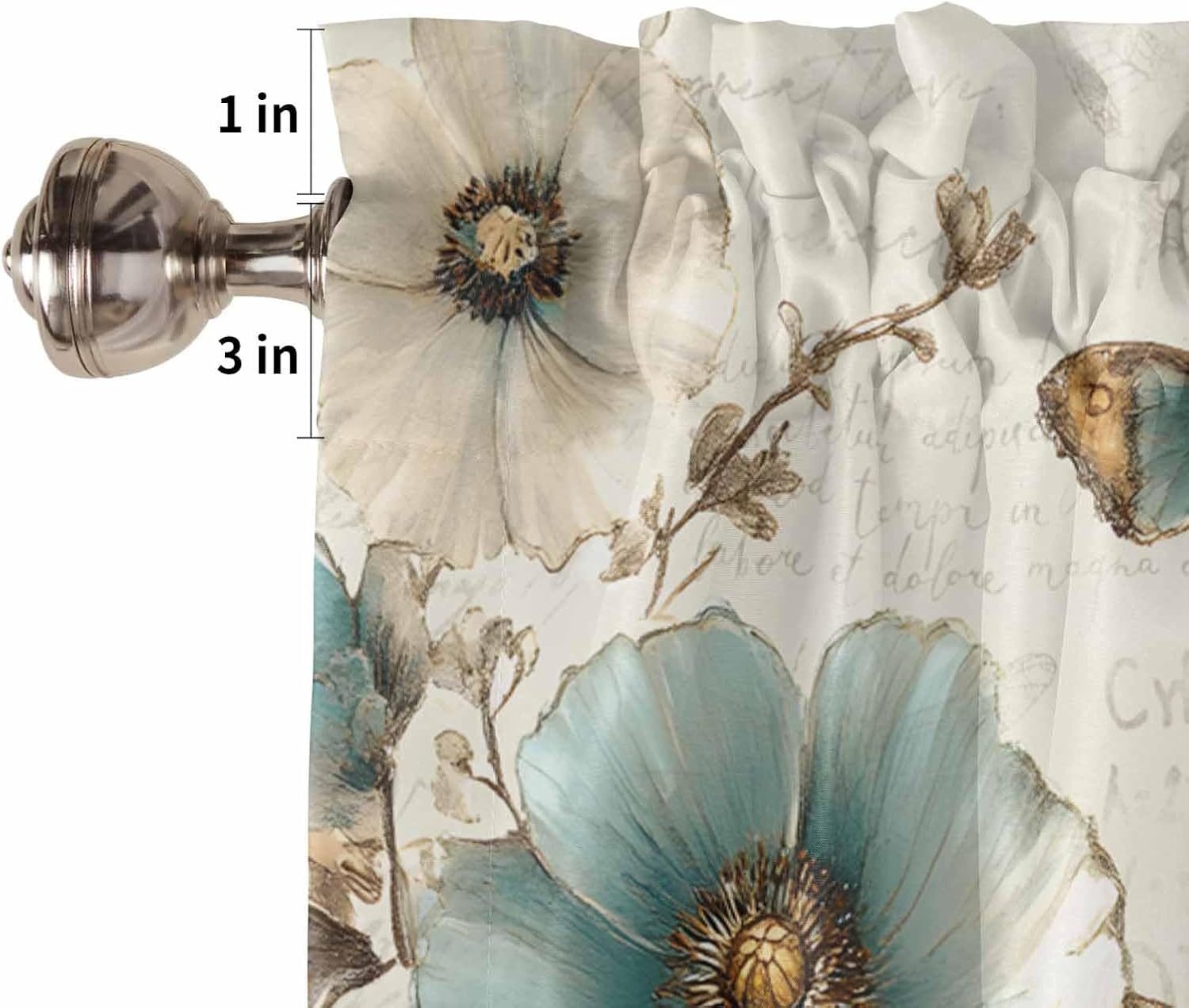 Teal Tulips Kitchen Curtains Set, Botanical Garden Floral Tier Curtain 24 Inches Length, Retro Pastoral Flower Butterfly Valance and Tiers Set Window Treatment Decor for Bedroom/Living Room