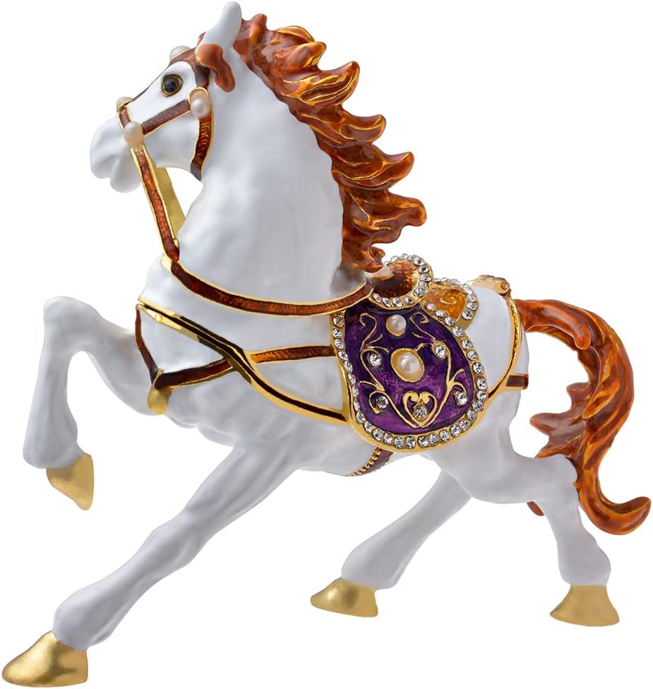 Golden Crystal Enameled Horse Jewelry Box, Hand-Painted Hinged White Horse Trinket Box, Elegant Home Décor & Unique Gift for Equestrians