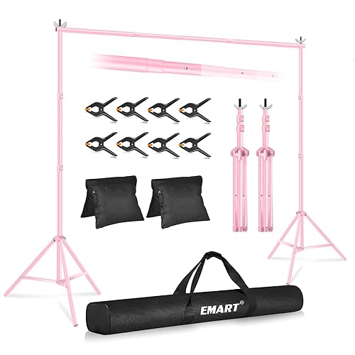 EMART Backdrop Stand 10x7ft(WxH) Photo Studio Adjustable Background Stand Support kit with 2 Crossbars, 8 Clamps, 2 Sandbags and Carry Bag for Parties, Events Decoration, Wedding, Photography -Pink - 10x7ft - Pink
