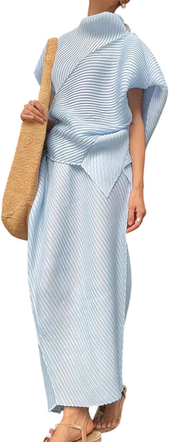 Women's Pleated Soft Fold Irregular Two Piece Cut Pile Collar Short Sleeved Top Long Skirt