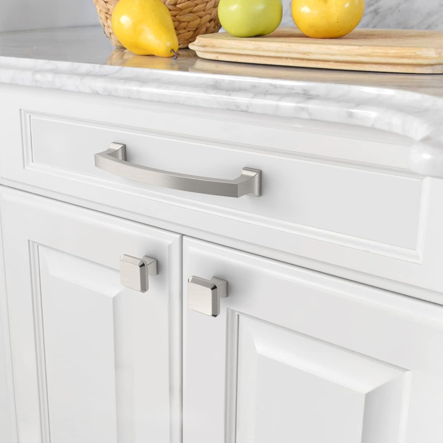 Amerdeco 25 Pack Brushed Satin Nickel Kitchen Cabinet Square Knobs Hardware Single Hole Pulls Dresser Drawer Knobs for Bathroom Cabinets ZH0002