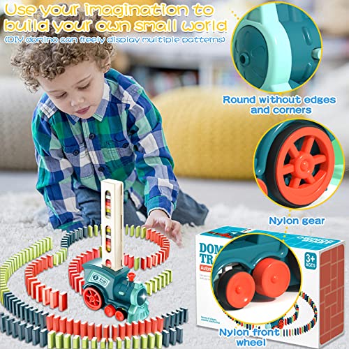 NCKIHRKK Domino Zug Set, 160 Stück Domino Bausteine, Elektrischer Zug mit Licht und Ton, Pädagogisches Spielzeug für Mädchen und Jungen ab 3 Jahren (Blau)