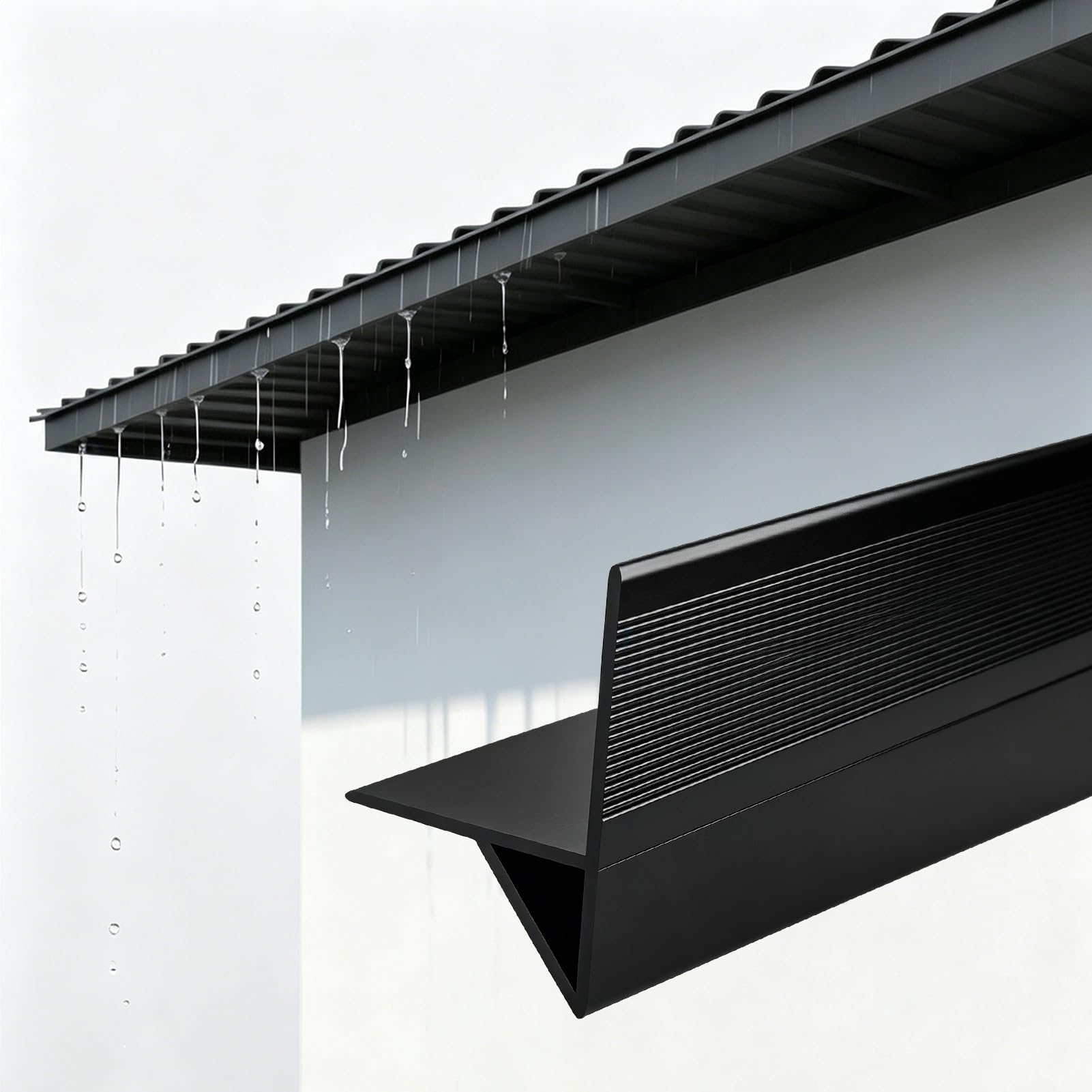 Prevents Backflow Eaves Drip Line Deflector, Hidden Rainwater Diverter for Exterior Walls, Moisture Damage Eaves Aluminum Nosing Drip Molding(Black,2pcs)