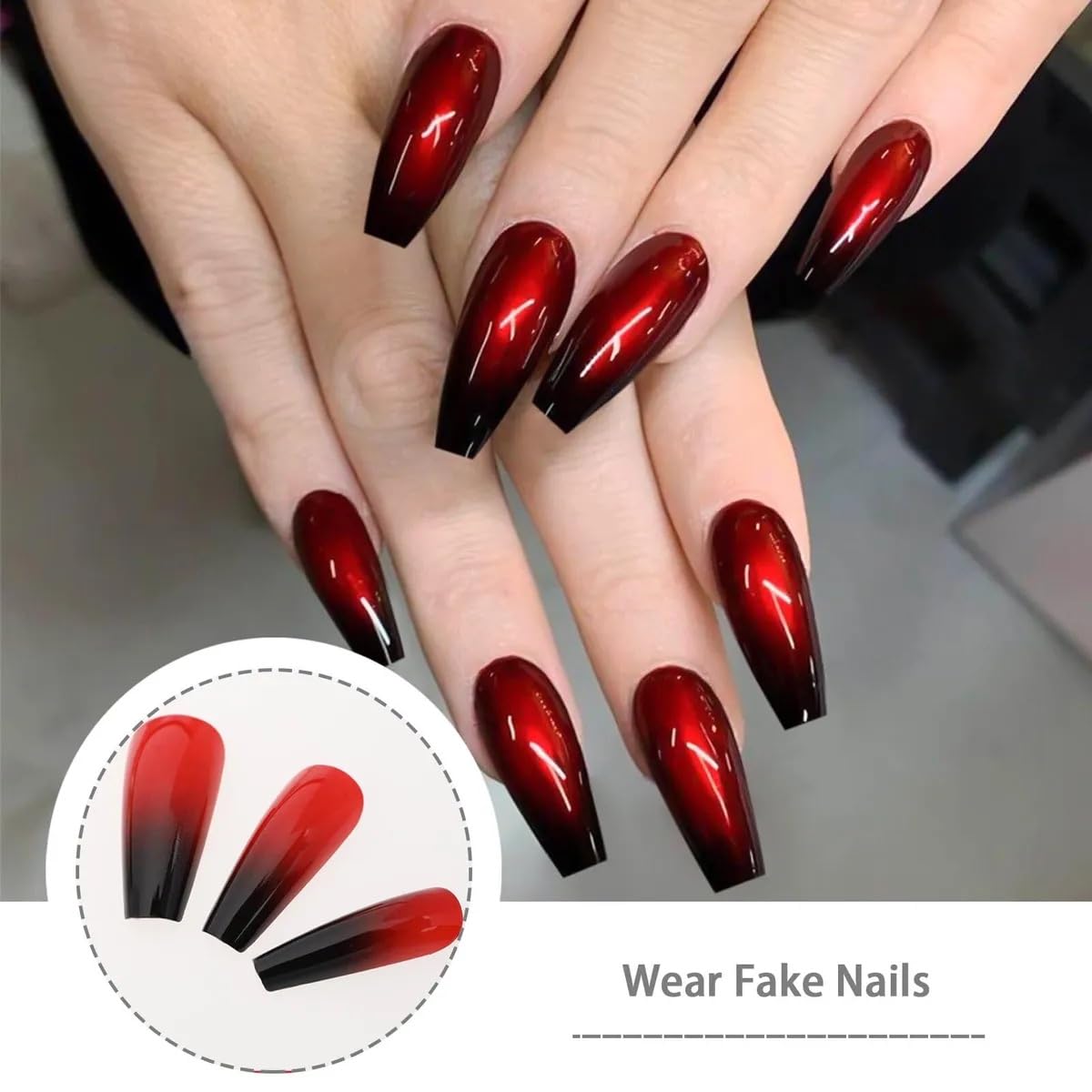 CherryBox 24 long Coffin press on nails Red Black Gradient fake nails Acrylic False Nails for Women and Girls (Jelly Glue Adhesive Tabs and Glue Included) 1