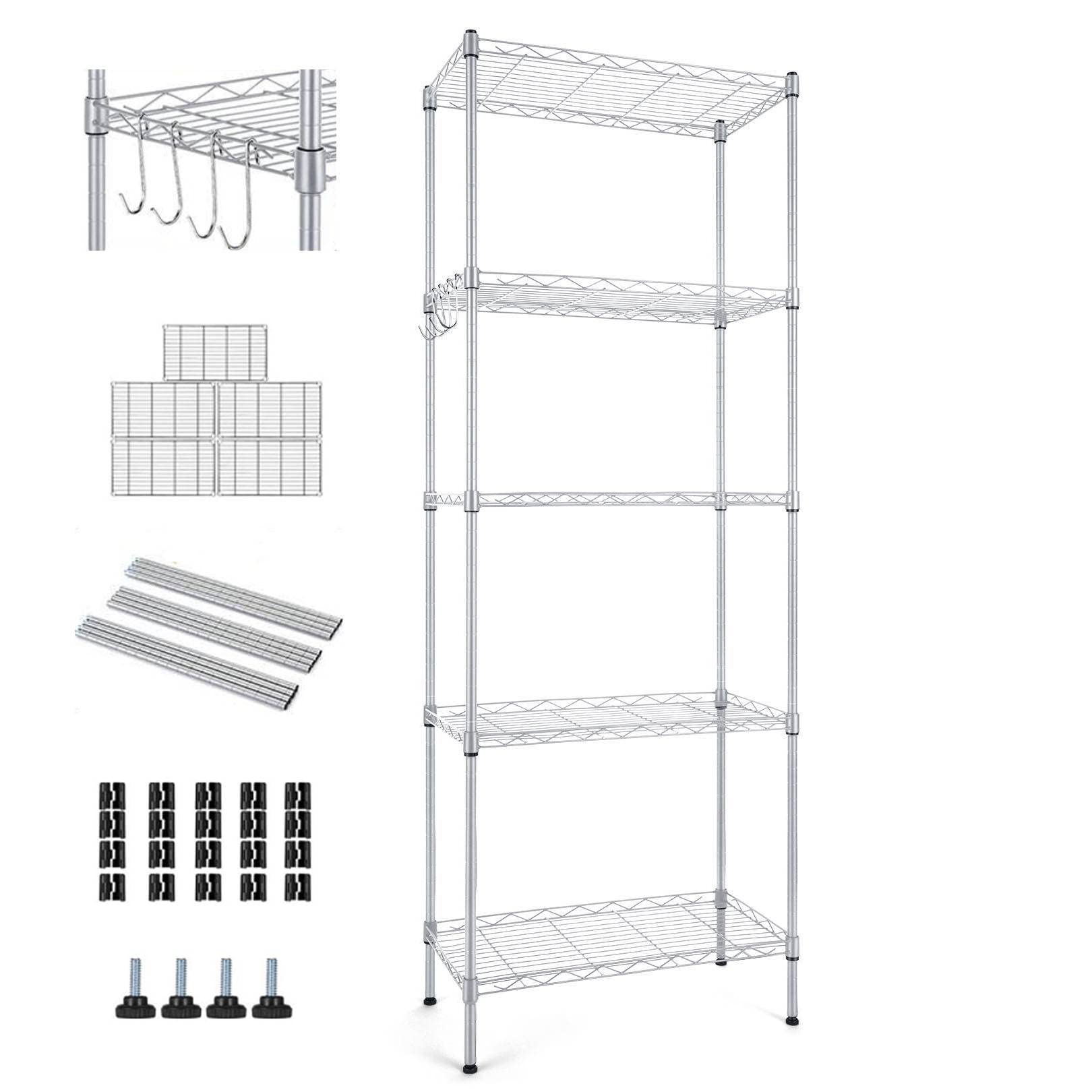 Wire Shelving Unit, 5 Tier Metal Shelving Unit, Storage Shelves for Storage, Adjustable Shelf Storage with 4 Hooks for Kitchen Bathroom Office and Garage(22Lx12Wx59H) Silver