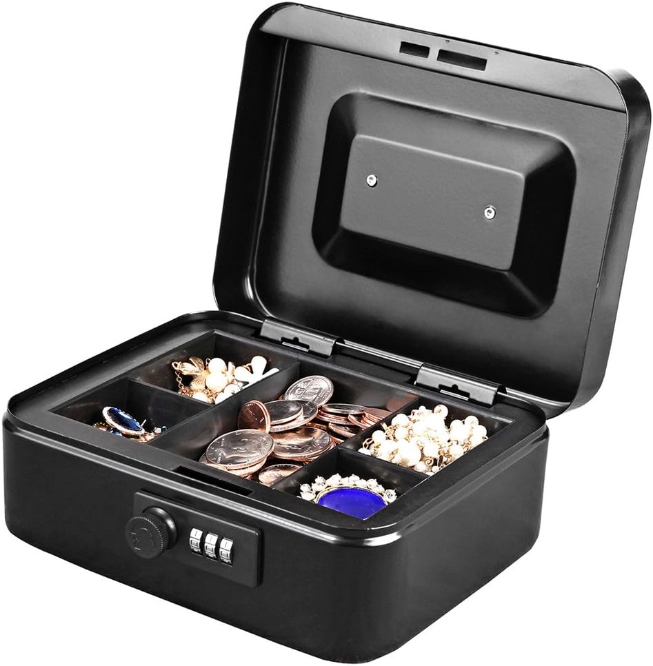 Jssmst Small Cash Box with Combination Lock – Durable Metal Cash Box with Money Tray Black,7.87 x 6.3 x 3.35 inches, CB0701M : Office Products