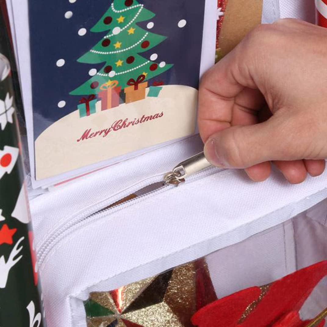 Christmas Wrapping Paper Organizer Large Capacity Wall Hanging Double-Sided Transparent with 10 Pockets Space-Saving Rear Door Gift Storage Bag with Zipper 37.40x5.51 Inch.