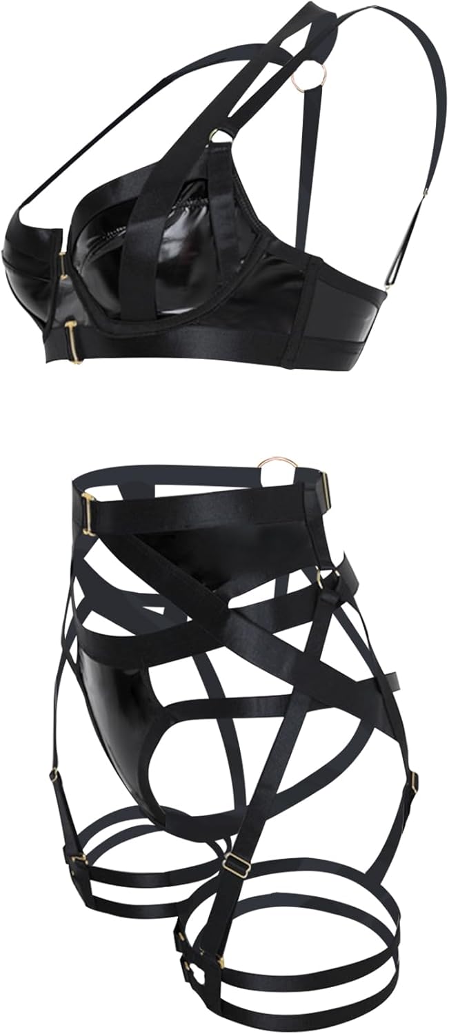 Lilosy Sexy Strappy Underwire Push Up Garter Belt Lingerie Set Harness Cutout Outfits Matching Bra Panty 3 Piece - Image 5