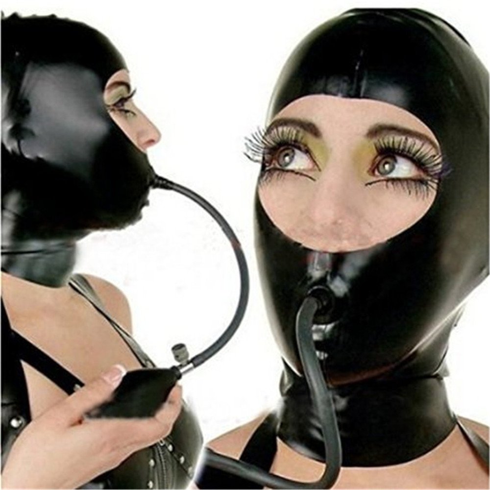 MFMYEE Masque en latex avec bâillon gonflable, masque de jeu de rôle SM/bondage, masque de fête/Halloween, avec fermeture éclair. (M)