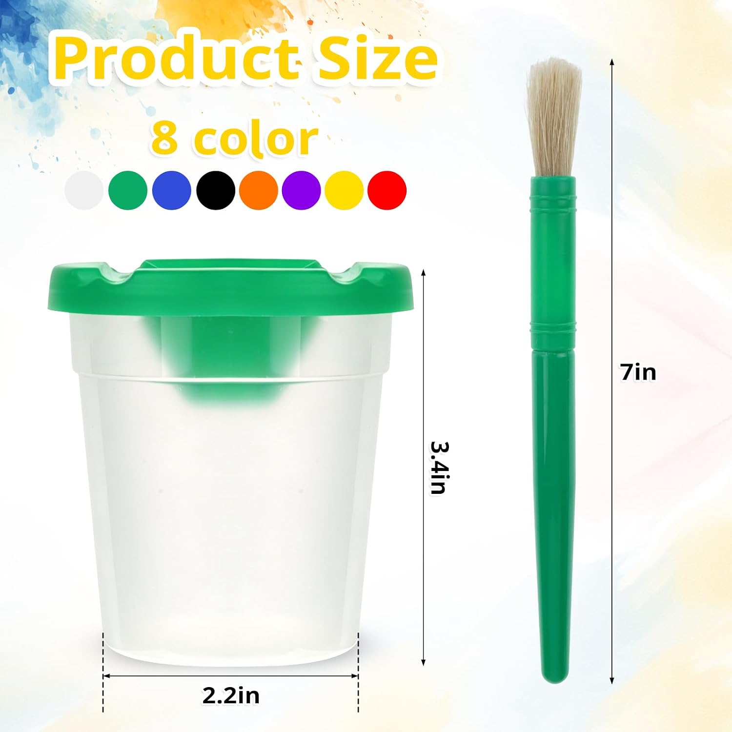 No Spill Paint Cups with Lids 8 Pcs Colorful Spill Containers and 8 Kids Round Paints Brushes Children and Young Artists Painting Use