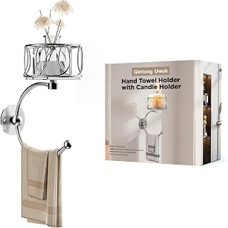 Hand Towel Holder for Bathroom, Towel Hooks for Bathroom with Candle Holder, Wall Mounted Towel Hook for Hanging, Rustic Wall Towel Ring, Towel Racks for Bathroom Decor and Accessories, Slivery