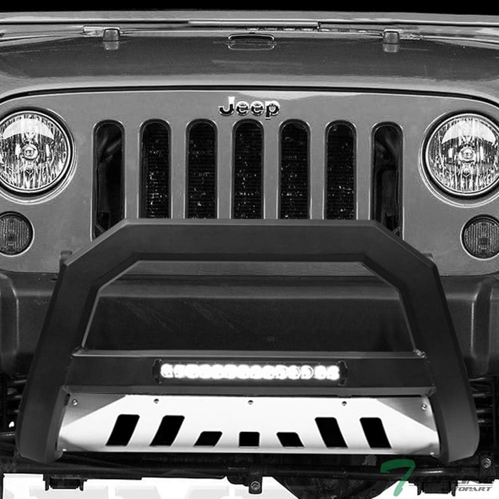 Matte Black AVT Style Aluminum LED Light Bull Bar Brush Push Front Bumper Grill Grille Guard With Stainless Skid Plate Compatible With 10-18 Jeep Wrangler JK