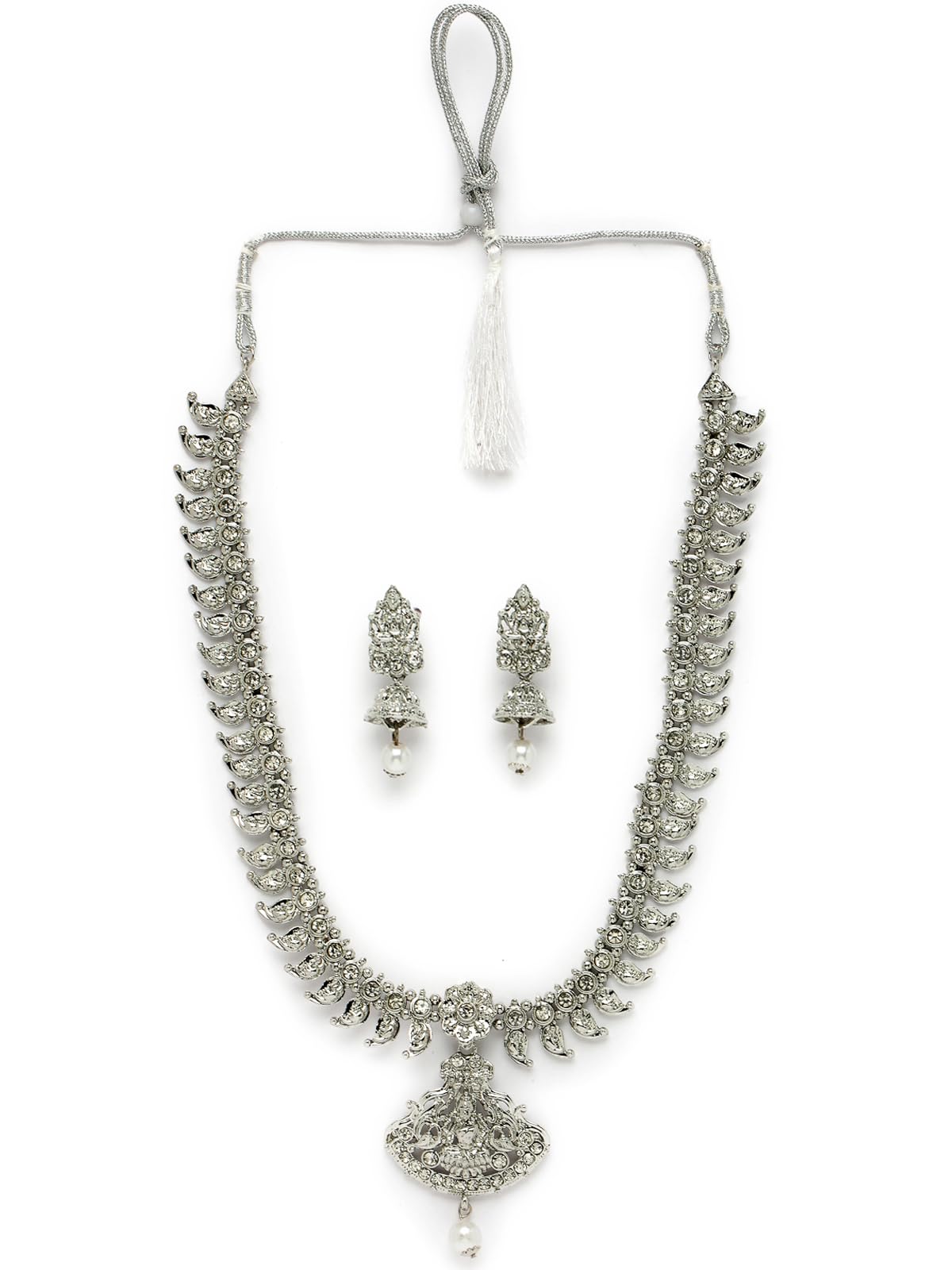Sukkhi Adjustable Rhodium Plated Silver AD Stones Long Temple Necklace Set with Jhumki Earring | Jewellery Set For Women (NS105659) (B0CBBBJFSG) Amazon Price History, Amazon Price Tracker