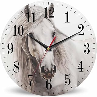 Mxocom White Horse Portrait Wall Clock Classical Oil Horse with Smooth Skin and Fur 10 Inch Silent Non Ticking Battery Operated Clock Vintage Round Clock for Living Room Bedroom Bathroom Office Decor