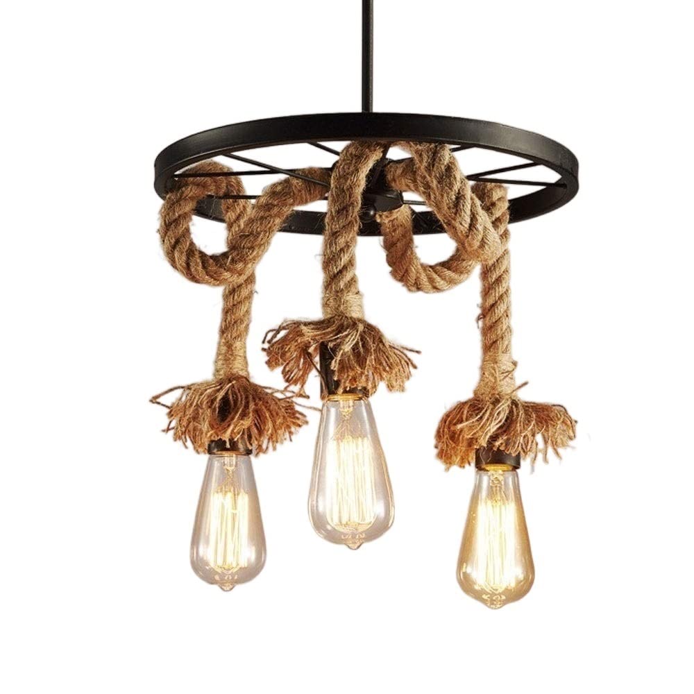 Luminaire décoratif rustique plafonnier suspendu corde chanvre 3-6 douilles