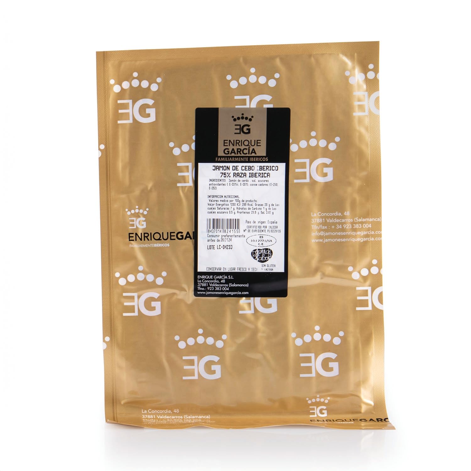 ENRIQUE GARCÍA - Jamón de Cebo Ibérico 75% Raza Ibérica, 10 Sobres Envasados al Vacío de 100 g Aprox. Acabado plástico. Caja regalo de cartón. Corte a máquina.