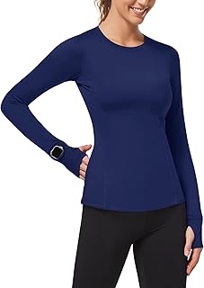 Loovoo Thermal Shirts for Women Long Sleeve Workout Tops Crewneck Fleece Base Layer Running Athletic Tee with Zipper Pocket