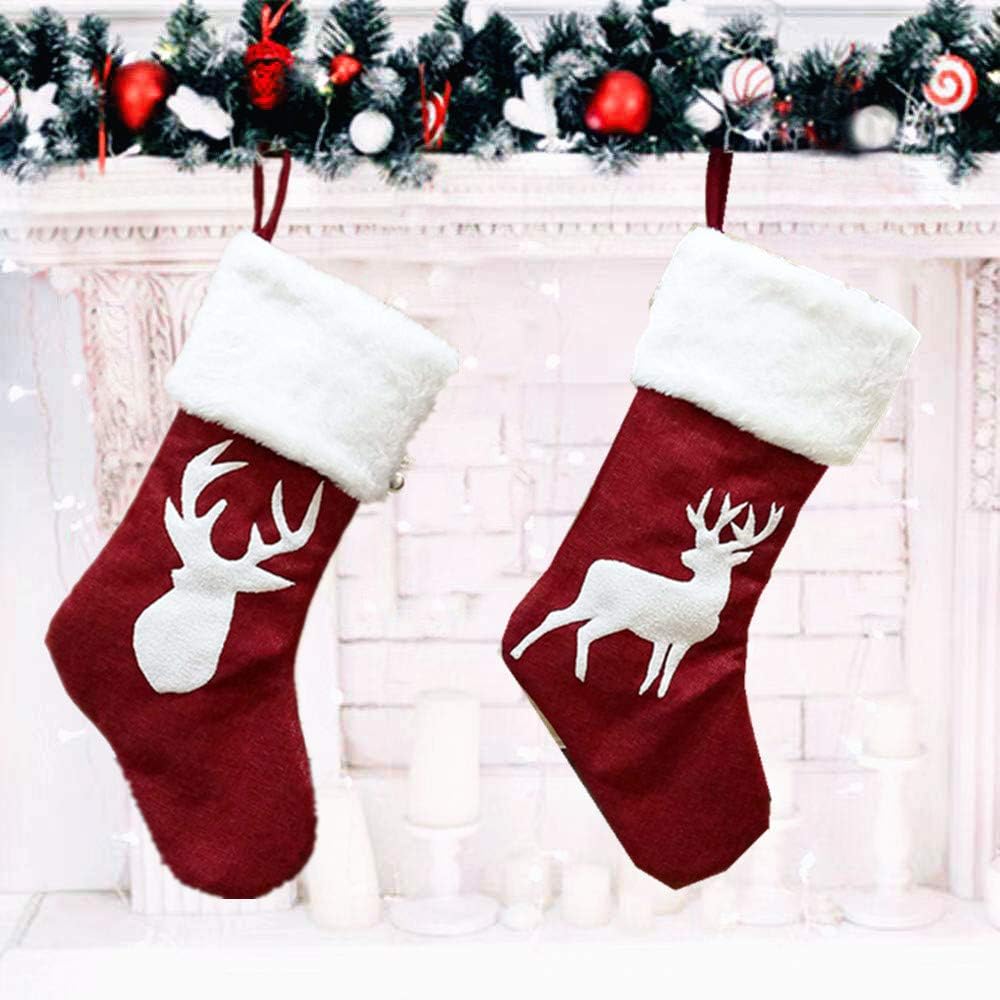 Tebrun Christmas Stockings, 18" Classic Large Christmas Stocking 2 Pcs Reindeer Burlap Plush Stockings Hanging Socks for Family Holiday Xmas Party Decorations
