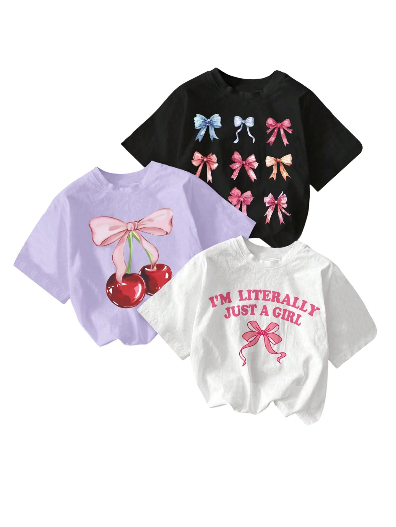 RoseSeek Girl's Bow Cherry Graphic Tees Short Sleeve Crewneck Cute T Shirts Tops for Teens Summer Tops