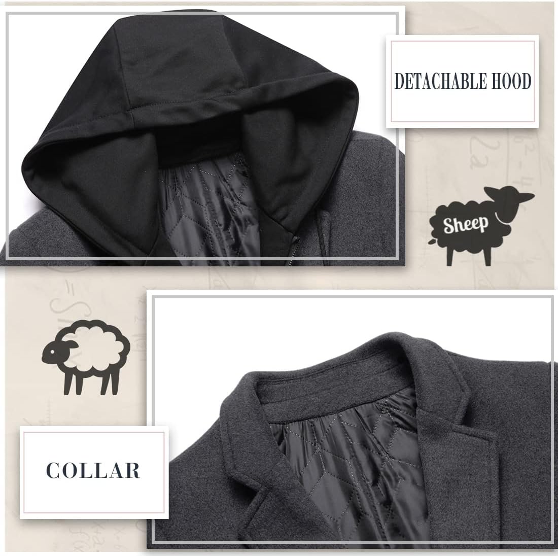 iCKER Mens Trench Coat Winter Wool Blend Jacket Overcoat Long Top Coat Warm Pea Coat - Image 4