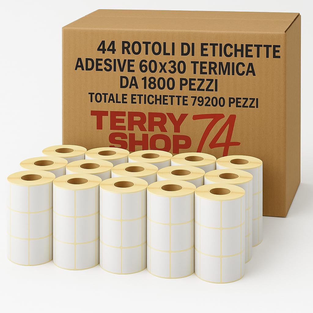 44 Rotoli di Etichette adesive 60x30 Termica senza Ribbon Da 1800 Pezzi Totale etichette 79200 Pezzi