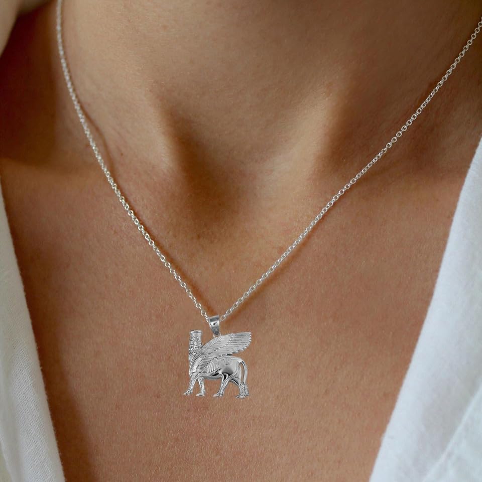Claddagh Gold Ancient Assyrian God Lamassu Winged Bull Pendant Necklace Fine Real Solid 925 Sterling Silver