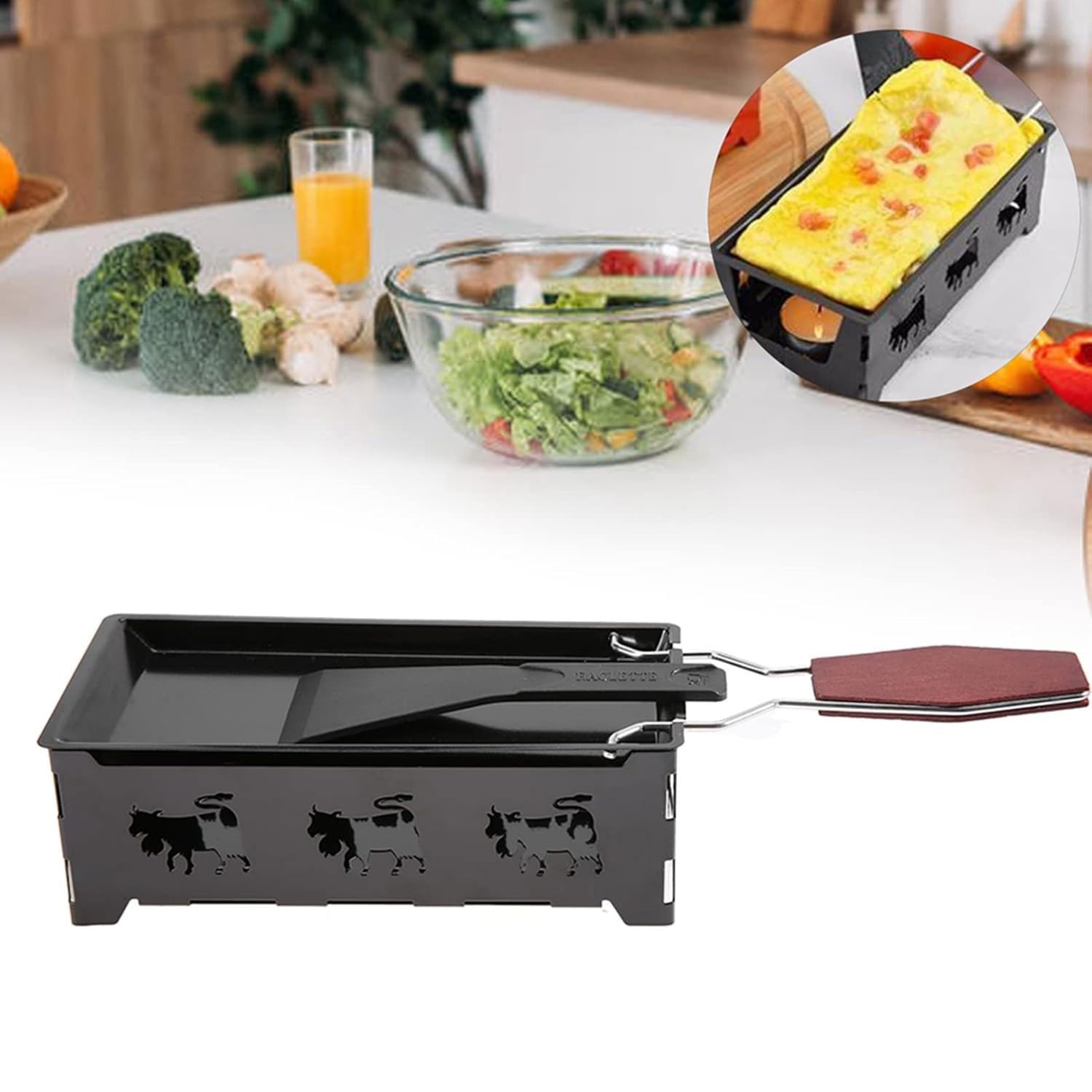 Raclette grill nieprzywierający do topienia sera, profesjonalna forma do topienia sera z szpatułką, obrotowa blacha do pieczenia ze składanym drewnianym uchwytem do sera, mięsa, ryb, warzyw