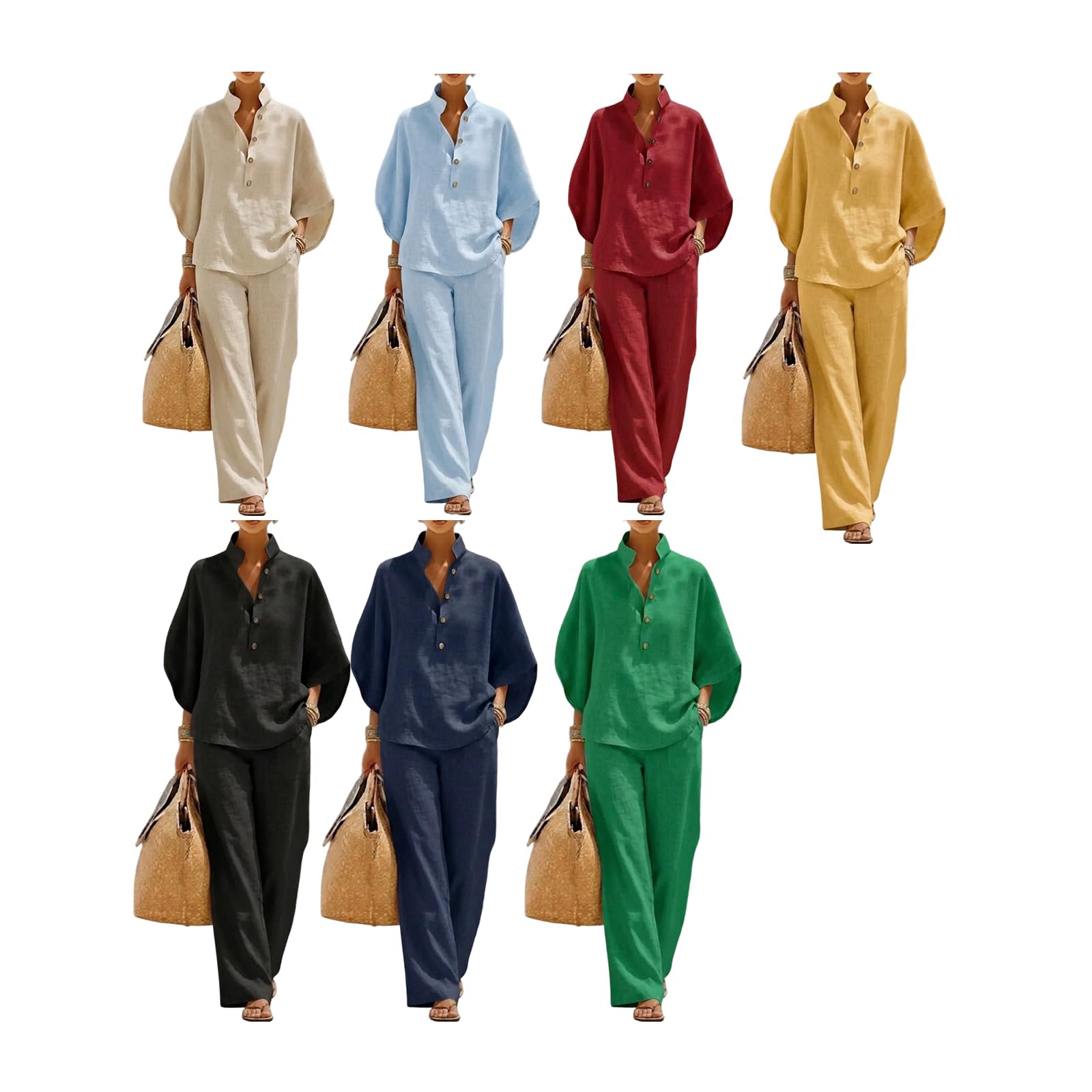 Combinaison d'été 2 pièces en lin pour femme - Élégant - En mousseline - Col en V - Chemisier et pantalon large - Avec poches - Aéré et léger - Décontracté