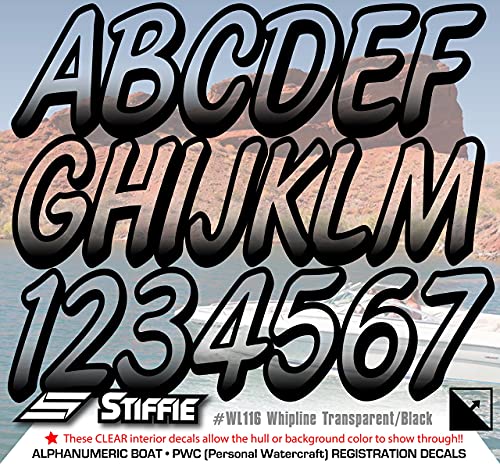 Image of Stiffie WHIPLINE 3 inch Alpha-Numeric Registration Identification Numbers Stickers Decals for Boats & Personal Watercraft (Transparent /Black)