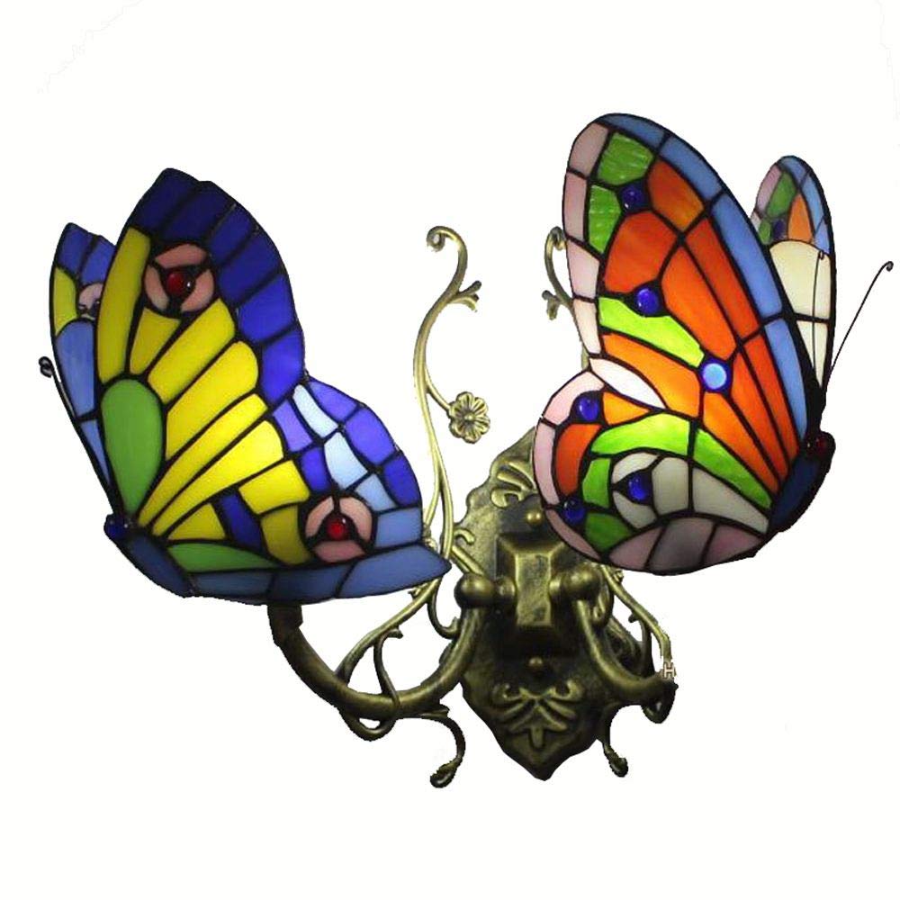 Tiffany Glass Butterfly Club Corridor Wall Light Alloy Bronze Arms Bedroom Bedsides Stair Case Wall Sconce Villa Balcony Hallway Porch Wall Lighting Fixtures (H)