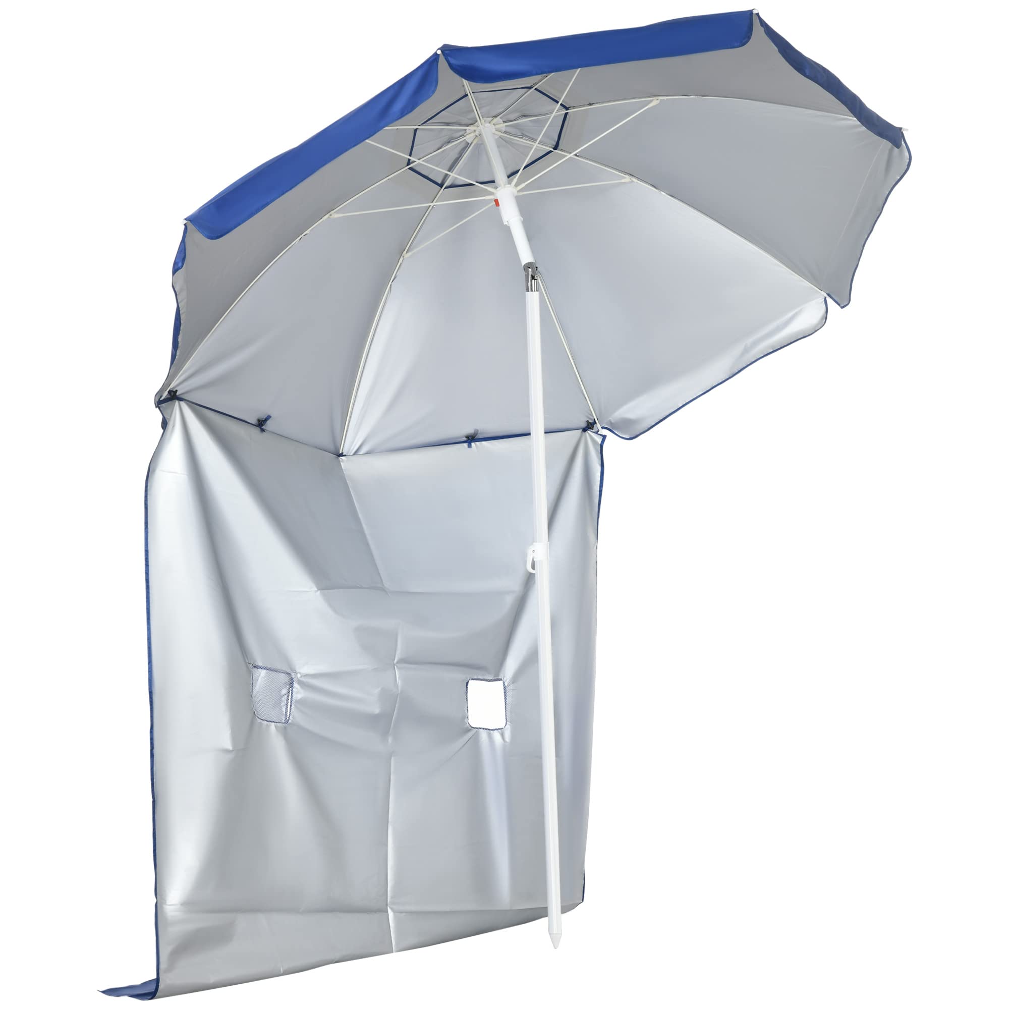 Outsunny Sombrilla de Playa con Panel Lateral Ø191x211 cm Parasol para Terraza con Manivela Manual Techo Inclinable 2 Bolsillos y 2 Ventanas para Jardín Piscina Azul