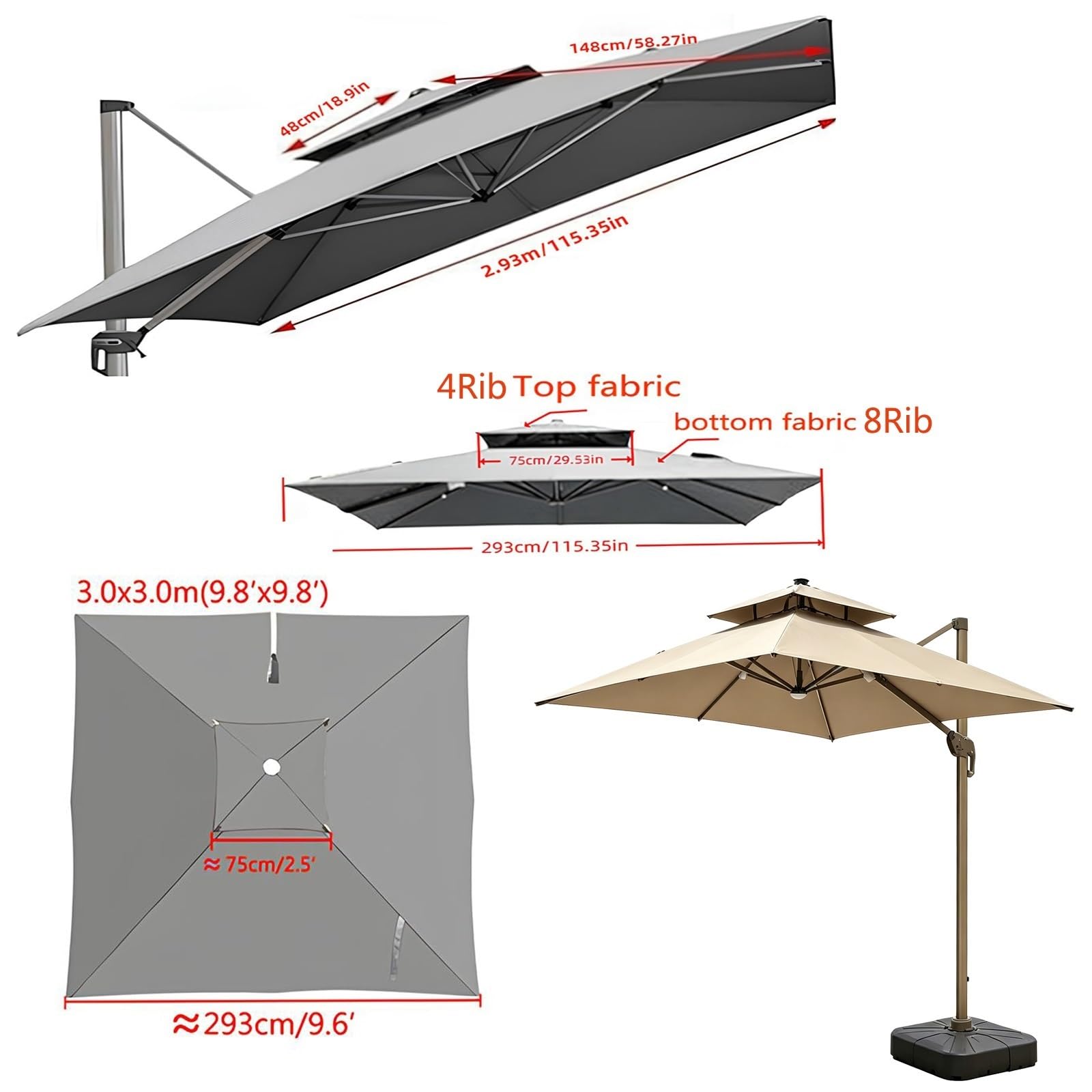 Générique 3.0x3.0m Carré Toile De Rechange pour Déporté Parasol De Terrasse Toile Dombrage Double Extérieur de Remplacement pour parasol de 8 baleines,Pour extérieur