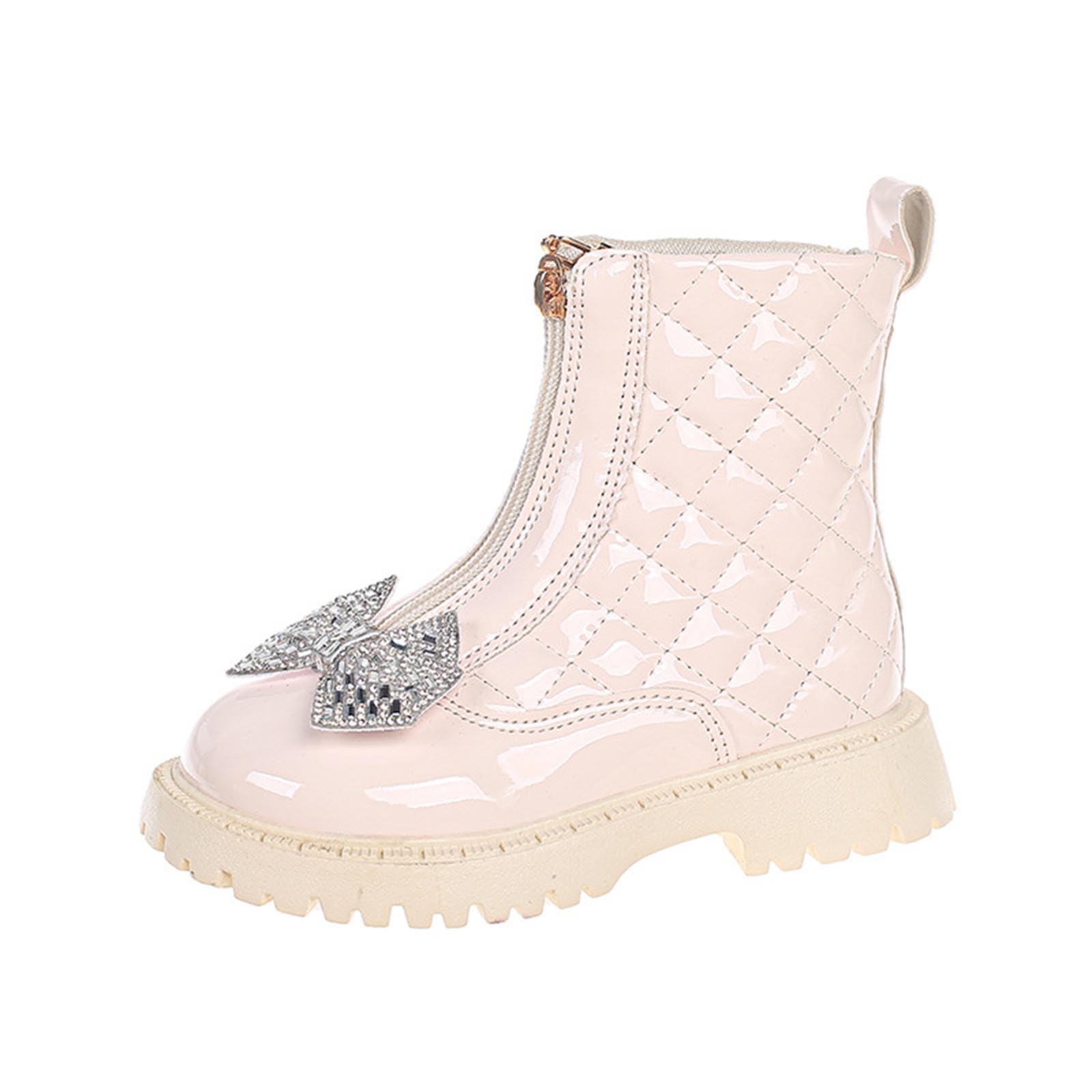 Girls Ankle Boots Front Zip Rhinestones Bowknot Chunky Low Heel Boot Fashion Casual PU Leather Short Booties Shoes