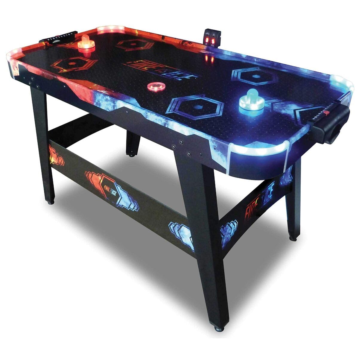 DEVESSPORT Air Hockey Fuego vs Hielo Incluye Dos Lanzadores Leds y Un Disco Led y Niveladores en Cada Pata | Mesa de Hockey con Luces LED Rojo y Azul, Marcador Electrónico y Baterías USB