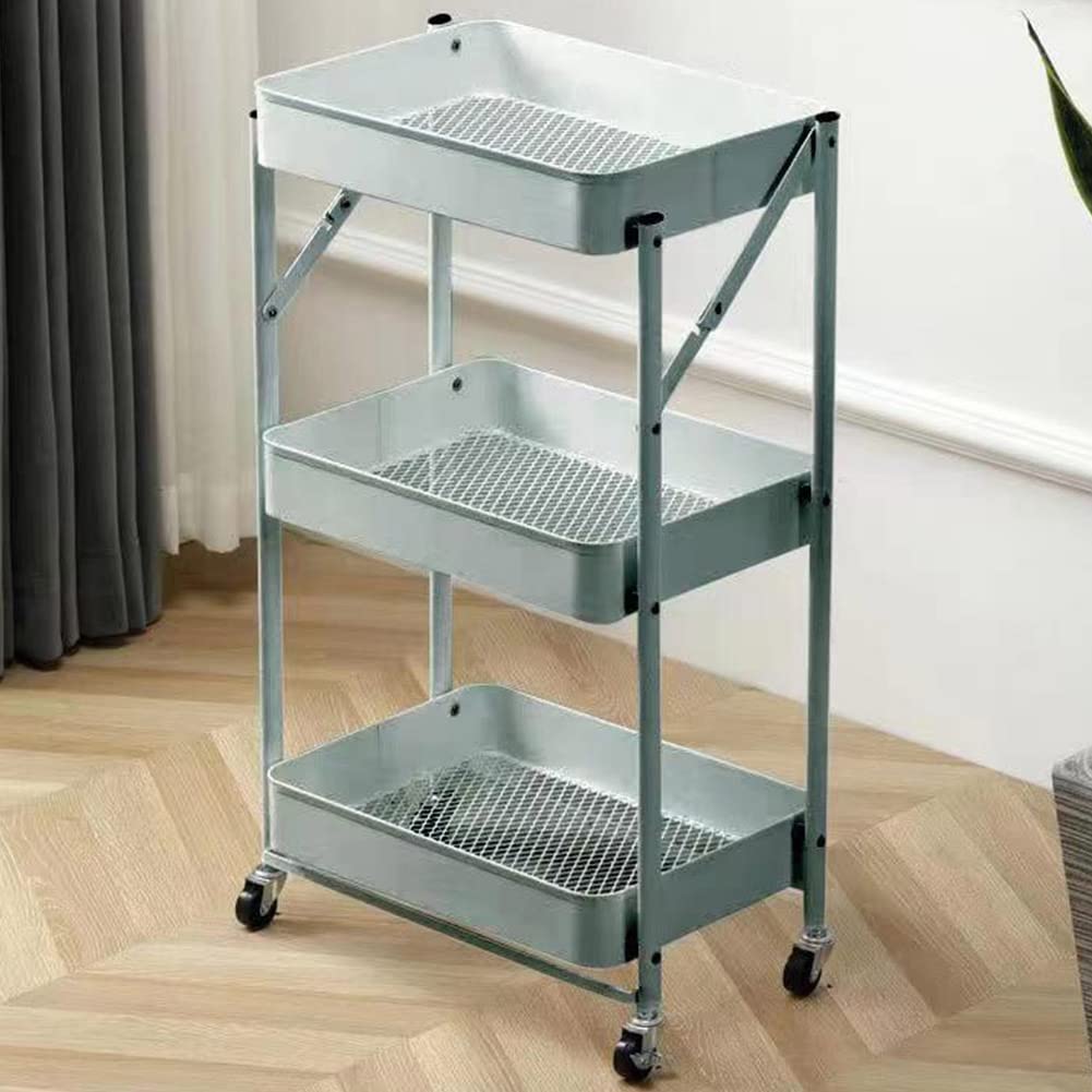 BAKAJI Carro de Cocina Plegable con 3 estantes, Cesta de 4 Ruedas giratorias a 360 Grados con Freno Integrado de Metal Trolley para Ahorrar Espacio de Servicio, Dimensiones 29 x 40 x 76 cm (Gris)