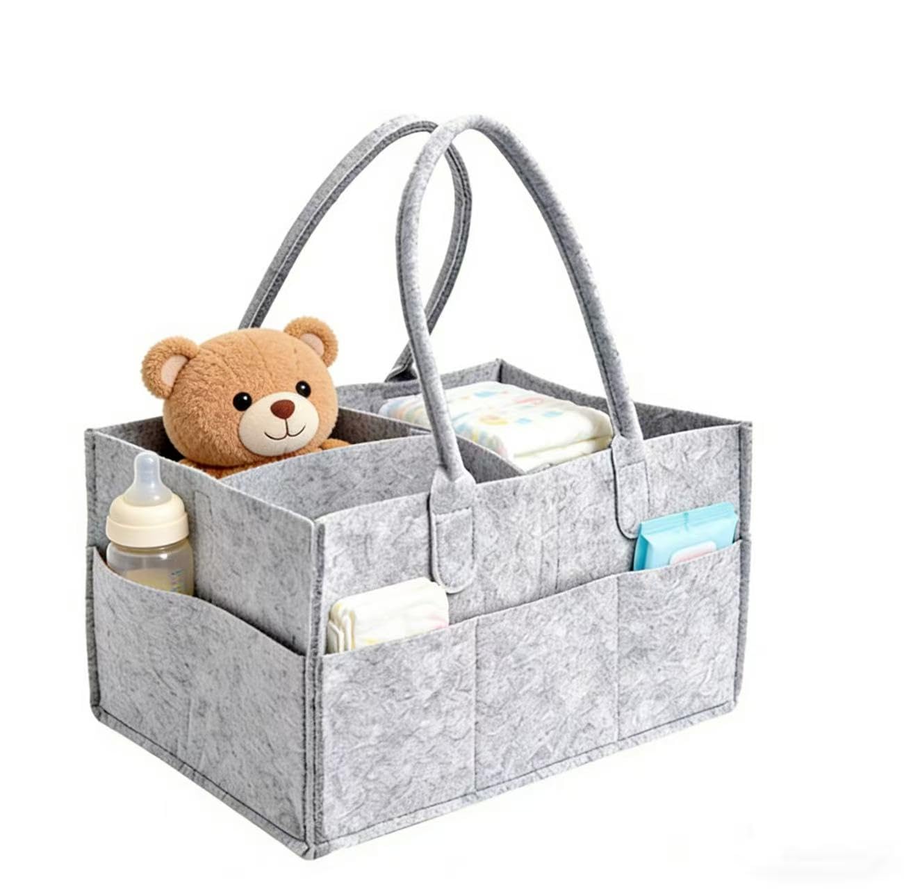 Cesta Organizadora de Pañales para Bebé, 33×23×18cm, Gris, Segura y Ecológica, Fácil de Limpiar y Transportar, para Guardería de Toallitas y Artículos de Bebés con Diseño Dividido