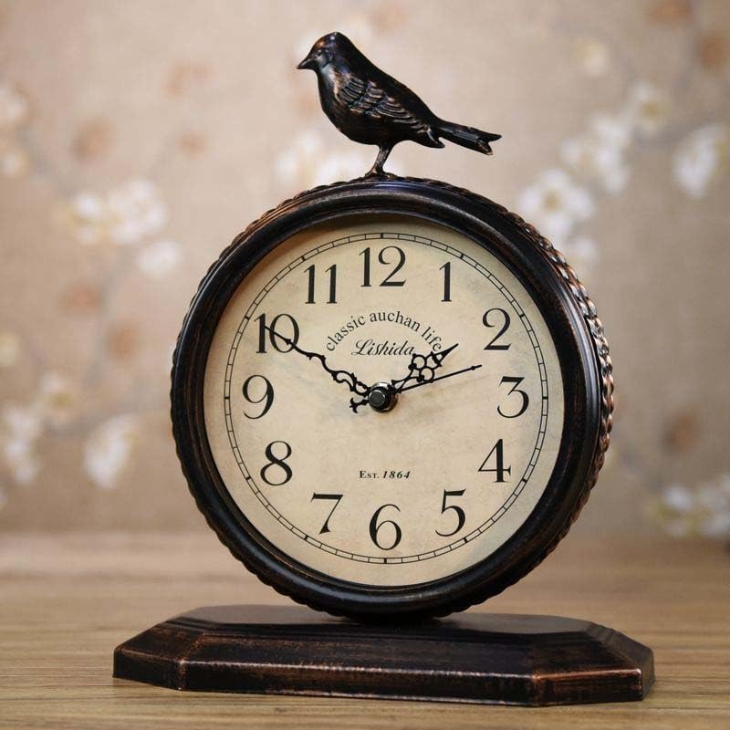 Mantel Clock,Vintage Table Clock,Silent Non Ticking Artistic Bird Clock Suitable, for Home Office Decoration29*23CM(E)