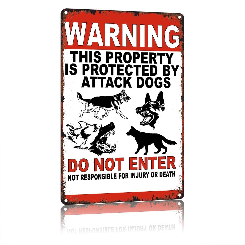 WARNING This Property Is Protected By Attack Dogs DoEnter Vintage Aluminum Metal Sign, 12X8in, Retro Rustic Waterproof Tin Sign For Home Yard Fence Gate Outdoor Wall Decor, Security Warning Decorativ