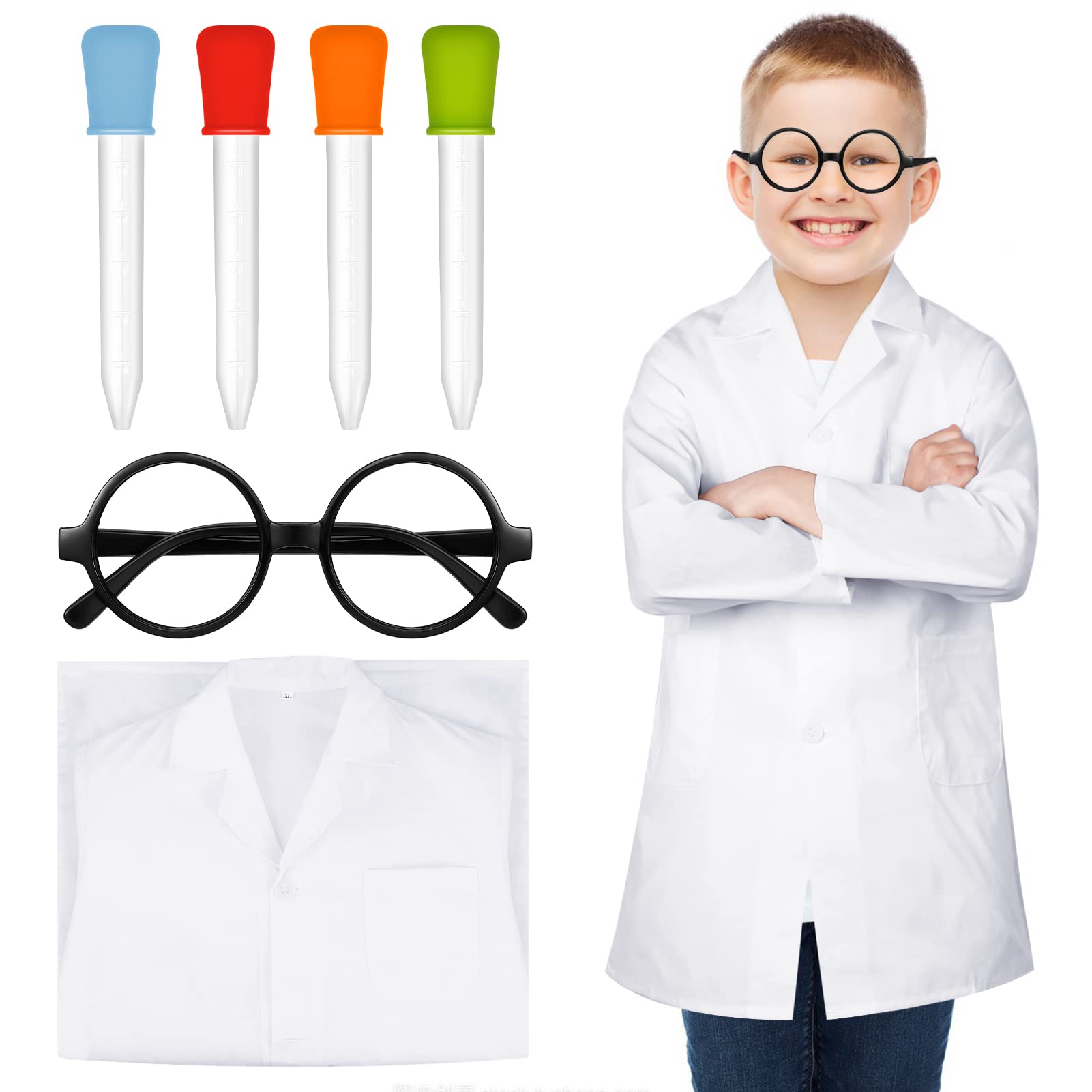FRIUSATE 6 Pcs Kids Scientist Costume Doctor Costume with Lab Coat, Glasses, 4 Droppers for Kids Scientist Cosplay, Party, Holiday, Age 3-10