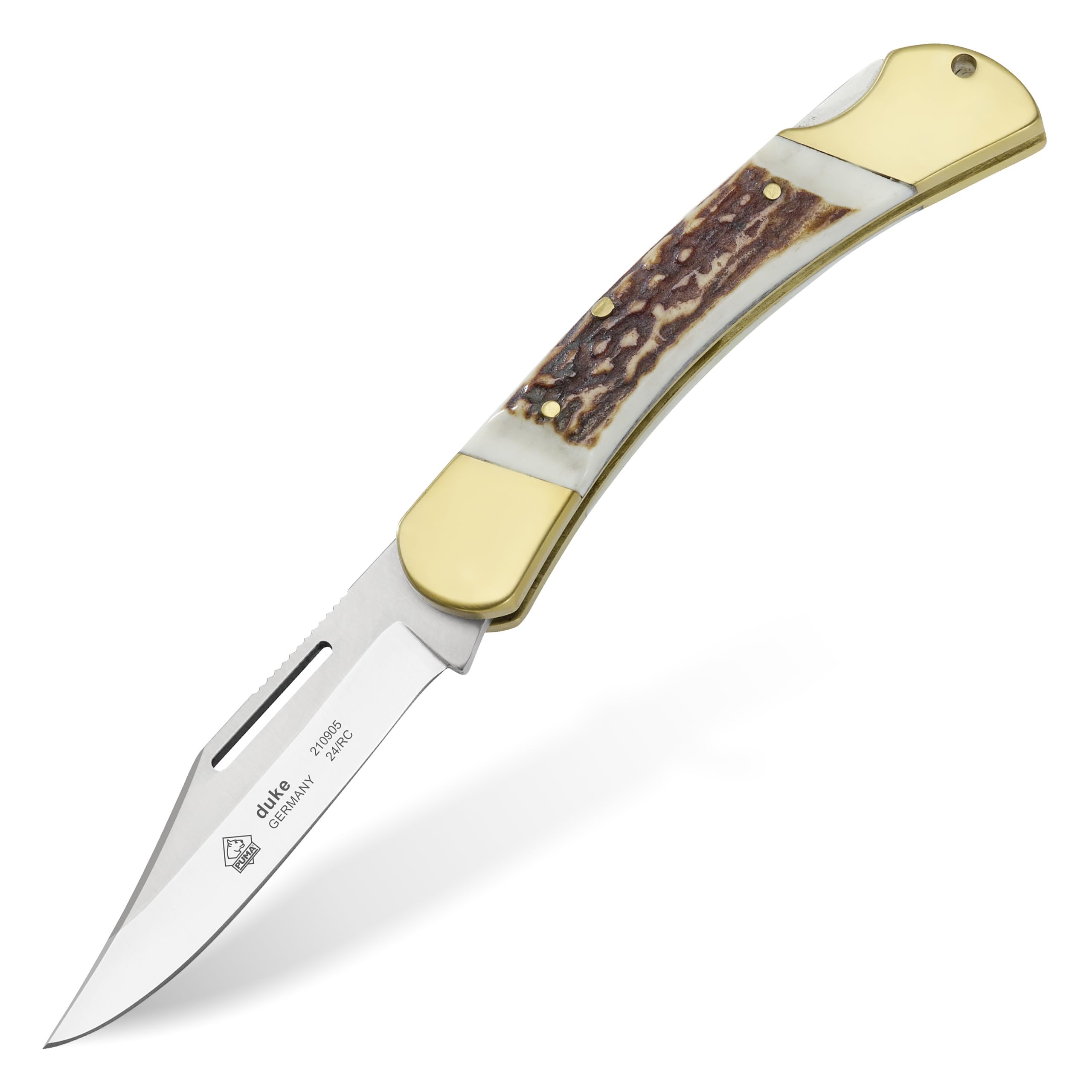 PUMA - Duke - Sportschließmesser - 82mm Clippoint-Klinge aus deutschem Stahl (1.4110, 55-57 HRC) - Griffschalen aus echtem Hirschhorn - Messinggriffkörper - Gefertigt in Solingen (Art.Nr.: 210905)