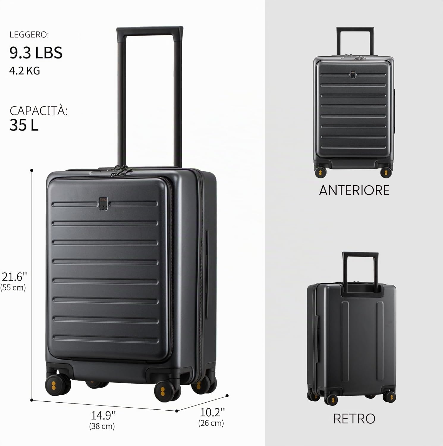 LEVEL8 Trolley Bagaglio a Mano con Tasca Frontale per Laptop, Valigia Trolley Rigido Ultra Leggero in PC Valigie con Chiusura TSA e 4 Ruote Doppie Girevoli, 55CM, 40L, Grigio