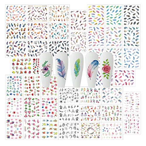 Wokoto 44 Sheets Feather Nail Art Stickers Decals 3D Nail Decals Flowers Animals Self-Adhesive Nail Stickers For Women Girls Flower Nail Stickers For Acrylic Nails Flower Stickers For Nails #TOP11