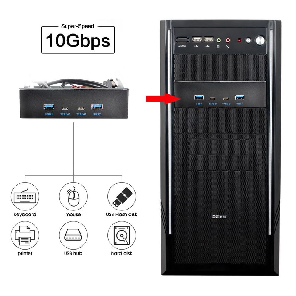 cablecc 4-Port Internal USB 3.1 Gen 2 Front Panel Hub(2X Type-A + 2X Type-C) for 5.25" Bay Connects to Motherboard Type-E Header