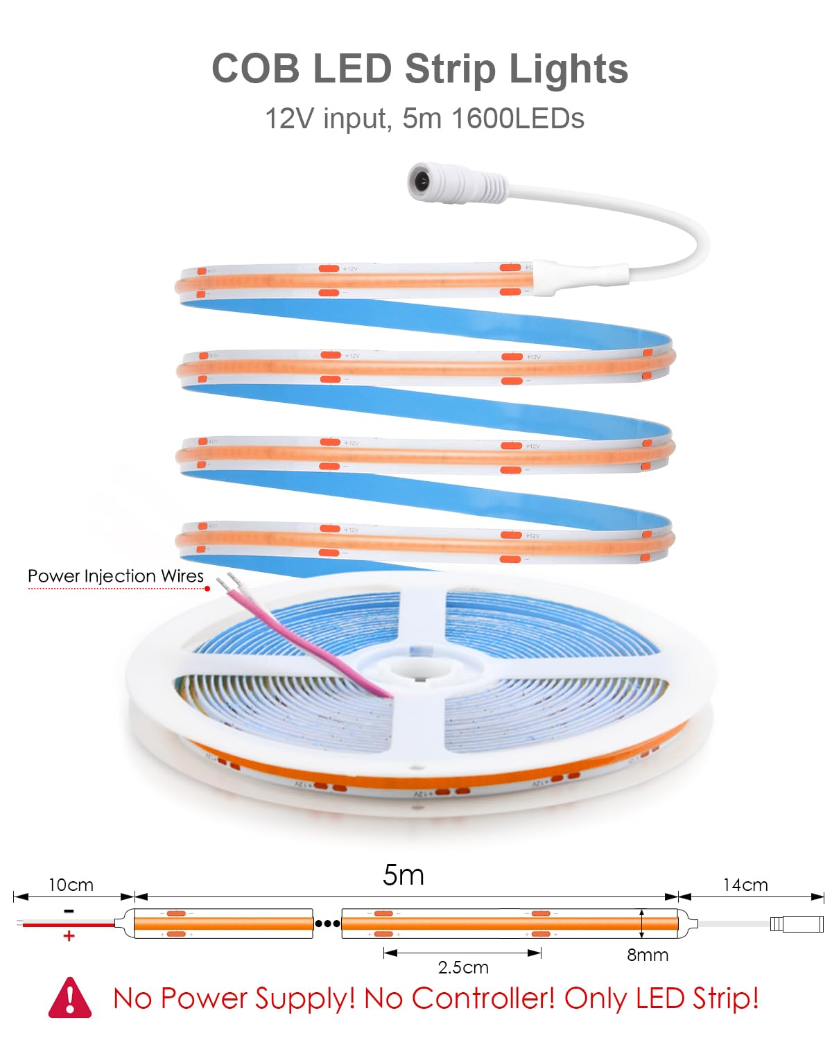 ALITOVE 12V COB Pink LED Light Strip 1600LEDs Uniform Glow Flexible Indoor LED Accent Lights 16.4ft Strong Adhesive LED Tape Light for Bedroom Bar Gaming Wall Decor(No Power Adapter & Dimmer)
