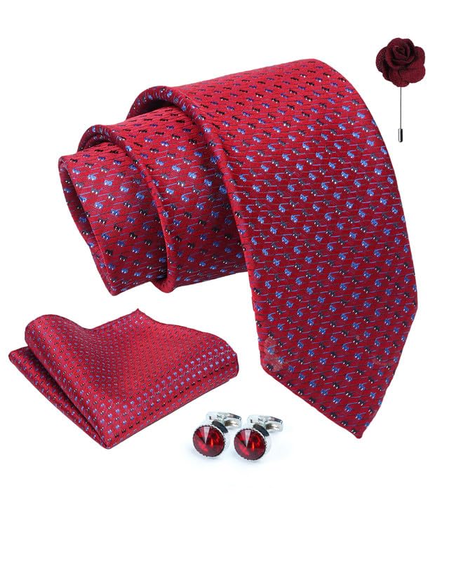 Red Micro Dotted Tie For Men – Formal Ties Set With Pocket Square, Cufflink & Flower Pin With Gift Box For Mens, Silk Fabric Neckties Gift Sets For Men’s (AXRD_81)-image-11