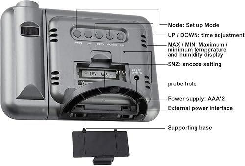 Miniatura 7 de Reloj despertador de proyección, USB digital LED despertador pronóstico del tiempocalendariohumedad Proyector giratorio de 180  para el hogar (negro)