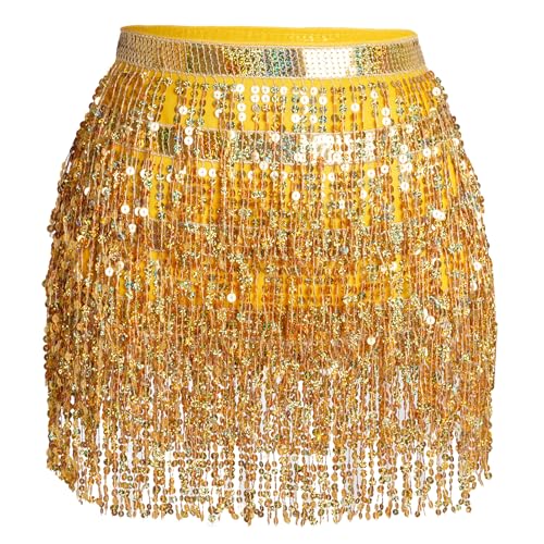 Image of Jerbro Women's Belly Dance Skirt with Sequin Hip Scarf & Tassel - Wrap Cowgirl Rave Costume (UK, Alpha, M, Gold)