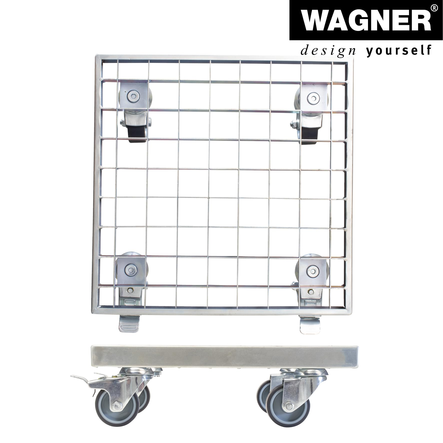 WAGNER Support à roulettes pour pot de fleur INDUSTRIAL STYLE 29 x 29 x 9,5 cm I intérieur+extérieur I Acier grille galvanisé argent I 2 freins I Capacité de charge 150 kg I Made in Germany - 20701501