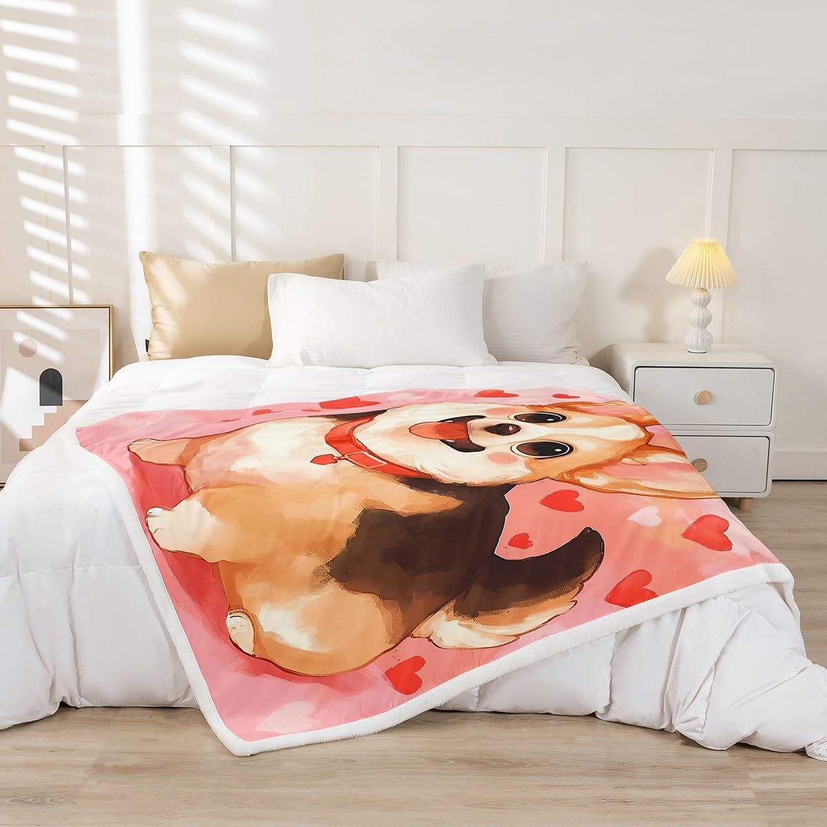 Cute Corgi Dog Flannel Fleece Blanket,Cartoon Doggy Pet Animals Super Soft Blanket for Bed Sofa Couch,Girl Pink Princess Style Bed Blanket for Bedroom Decor,Twin 60"x80"