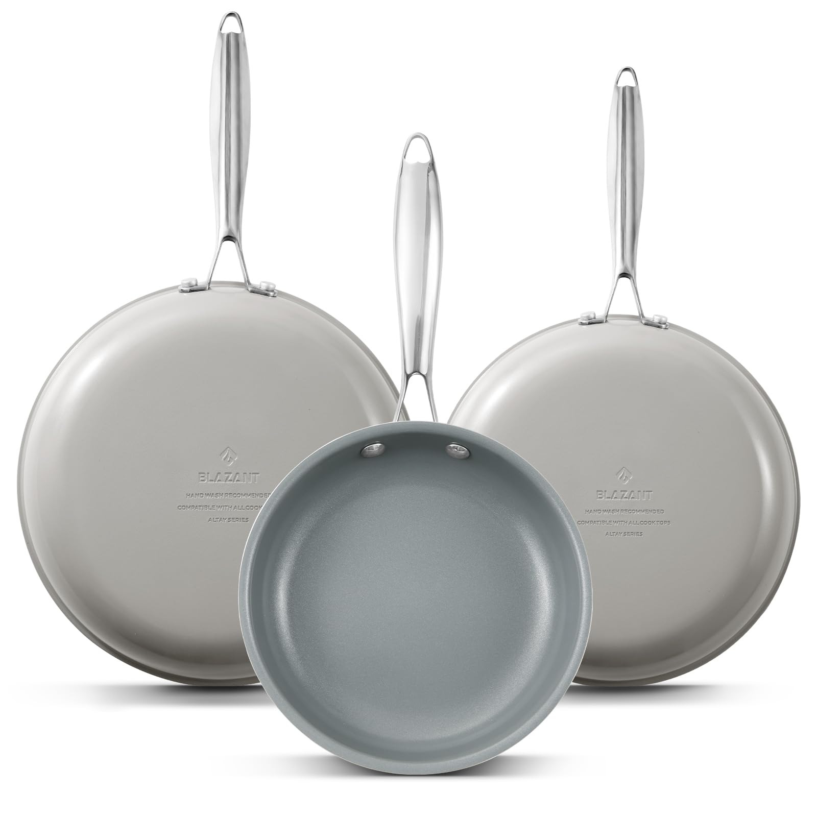 BLAZANT Set Padelle Induzione 3 Pezzi, Rivestimento Ceramica Senza PFAS, Fondo Molecolare Stabile, Manici Acciaio, per Cucina Sana e Cottura Quotidiana, 20+24+28 cm